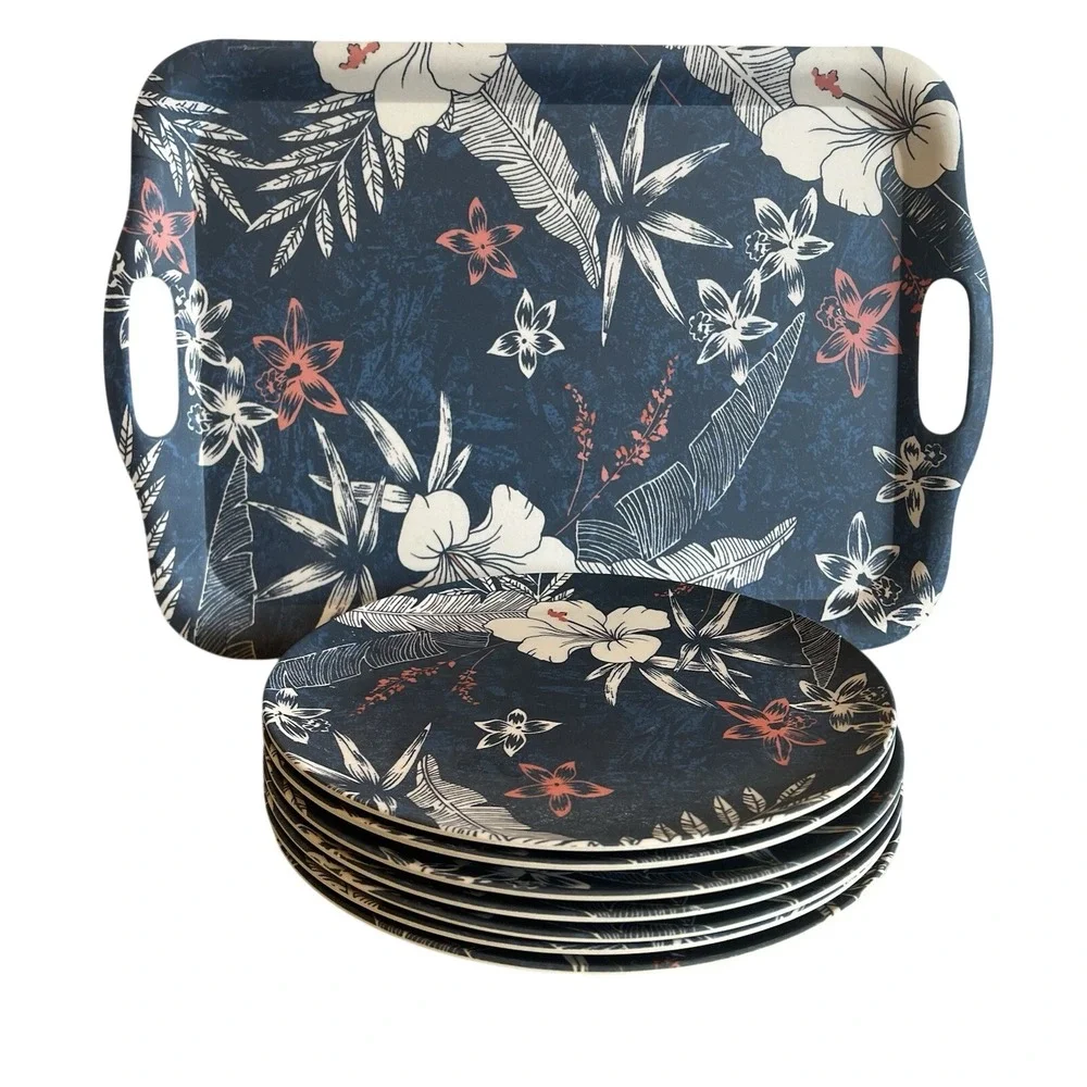 Tropical Hibiscus Tiki Blue Melamine Tray + 7 Dinner Plates Caribbean Joe‎